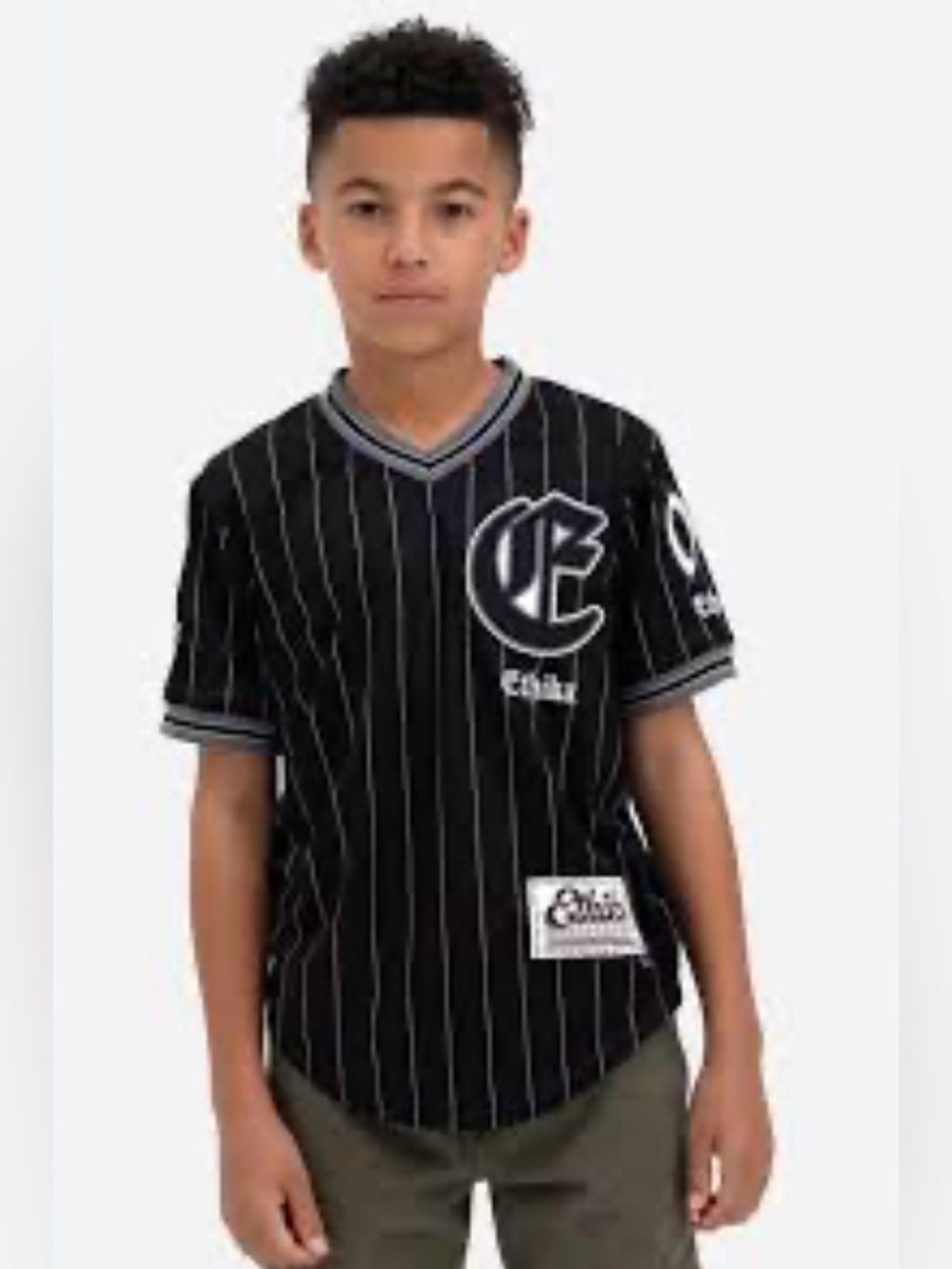 ethika Black Pinstripe V-Neck Kids Baseball Jersey with Gray Trim